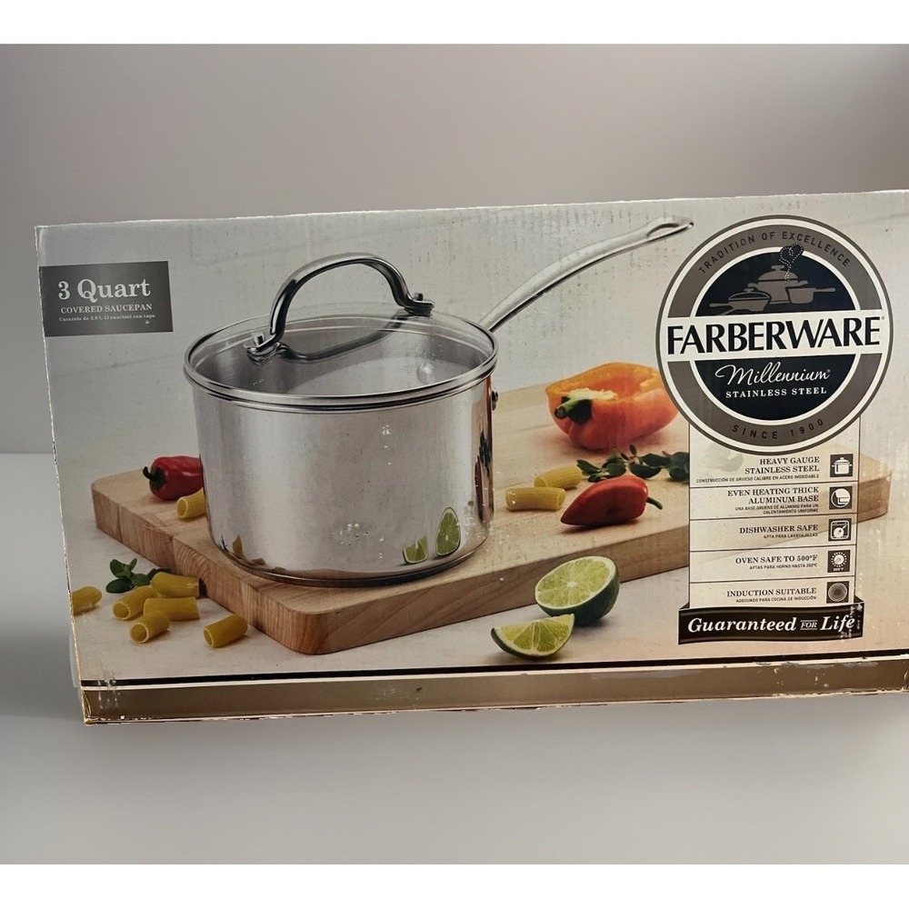 NIB Farberware Millennium 3 Quart Covered Stainless Steel Saucepan